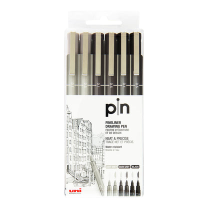 Uni Pin Fine Line Pens 6 Set, Grey & Black